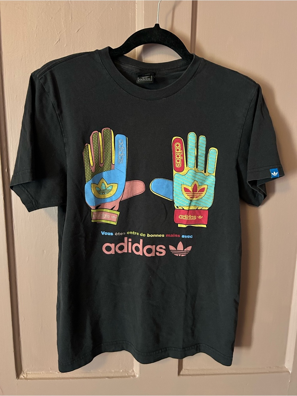 Vintage Adidas Black Tee with Multicolor Glove Graphic
